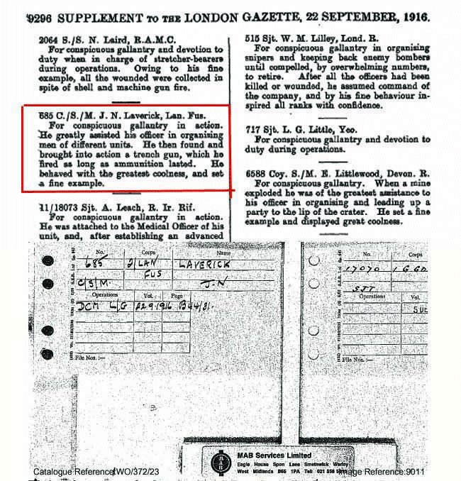 London Gazette 22nd Sept 1916 and Medal card