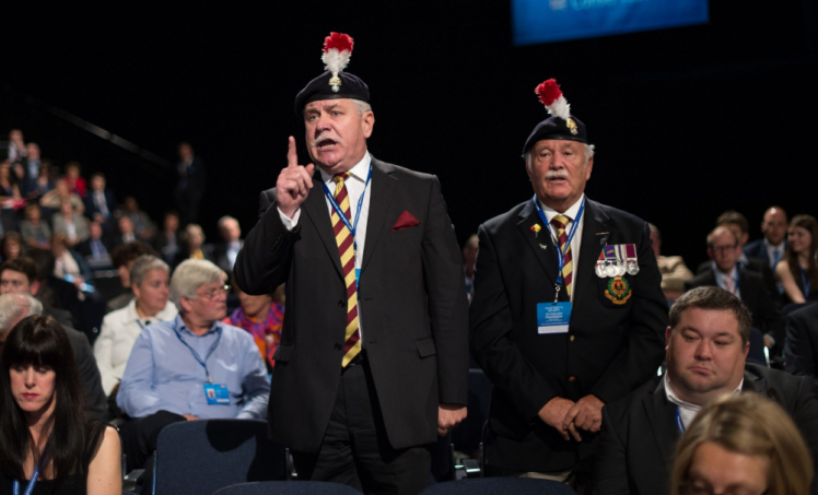 Colonel Ian Brazier (left) and Captain Joe Eastwood of the 2nd Battalion Royal Regiment Fusiliers heckle defence secretary Philip Hammond