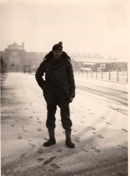 Fus Eddleston ( from Accrington) in the snow outside the Kurhausse in Winterberg where I picked up the mail each day when I was acting Post Corporal