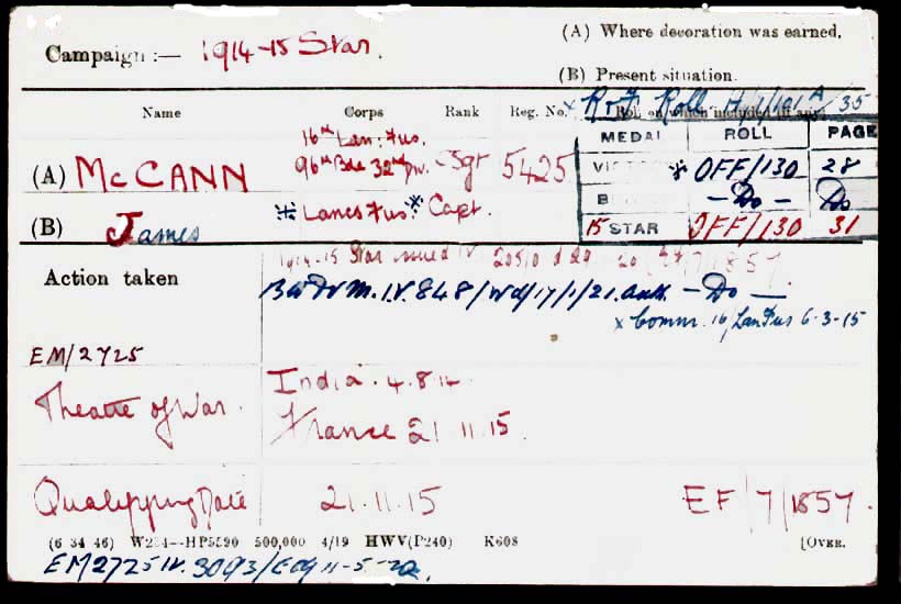 Medal card of McCann, James Corps Regiment No Lancashire Fusiliers 5425 Colour Serjeant Lancashire Fusiliers Captain
